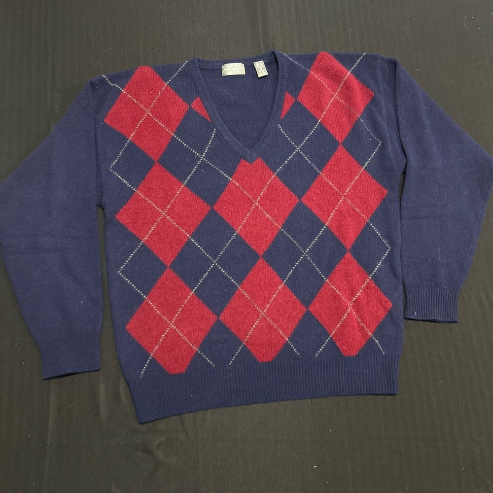 Lord & Taylor Mens Vintage Argyle V-Neck Lambswool Sweater Navy Red Large